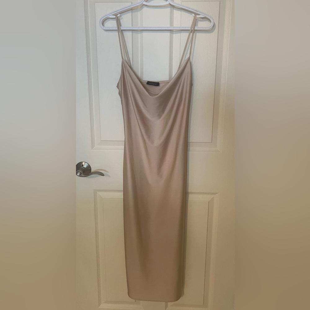 Eclipse Dress - Satin Spaghetti Strap Midi with side slit